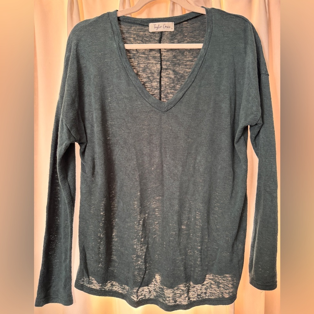Teal V-Neck Long Sleeve Blouse
